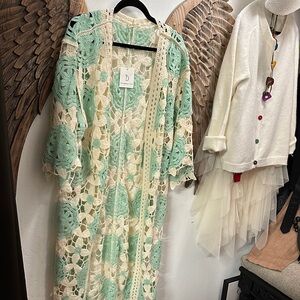 Do Everything in Love Mint and Cream Crochet Cardigan